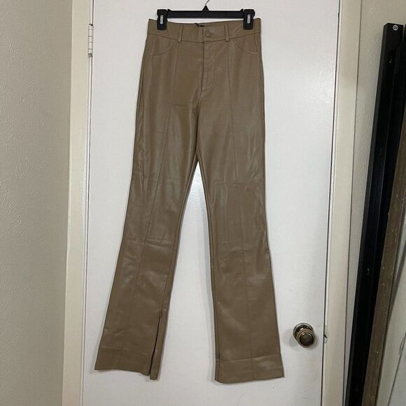 NEW! ZARA tan faux leather straight leg high rise ankle zip pants size SMALL - Picture 1 of 6
